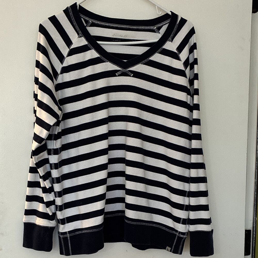 Eddie Bauer Legend Wash Striped Sweatshirt Navy Blue White V-Neck Womens XL